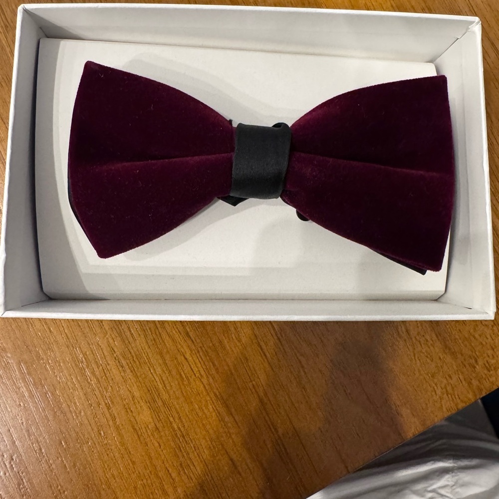 Calvin Klein Black Satin Bow Tie with Burgundy Accent
